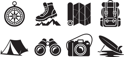 Fototapeta premium Simple black and white vector illustrations of adventure and outdoor travel elements