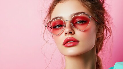 Obraz premium Fashionable girl in heart-shaped glasses, with bright makeup, posing on a colored background. 