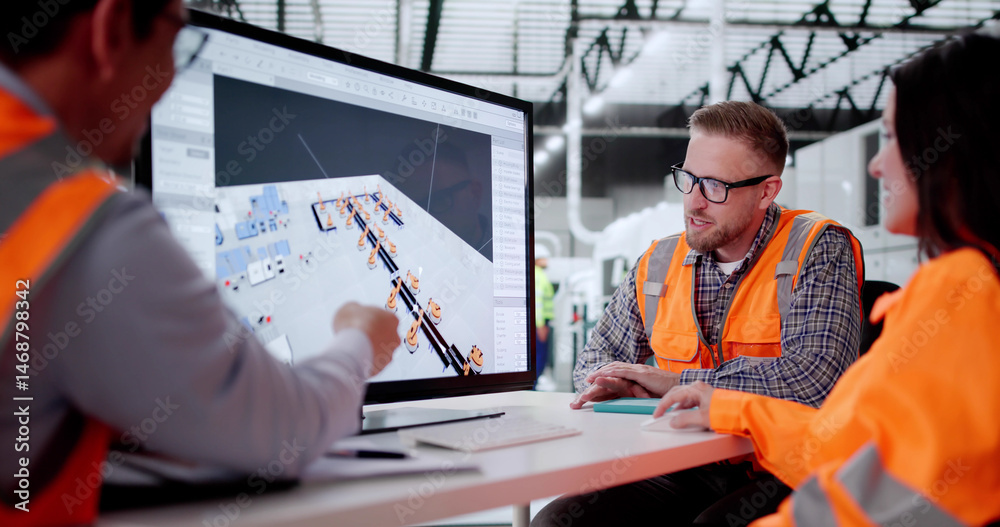 Poster young engineers designing layout for machinery in new factory facility