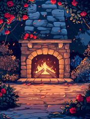 Beautifully illustrated fireplace surrounded by vibrant flowers in cozy outdoor setting, creating warm and inviting atmosphere