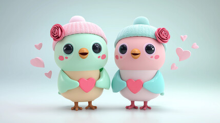 Obraz premium Cute Cartoon Lovebirds in Winter Hats Holding Hearts