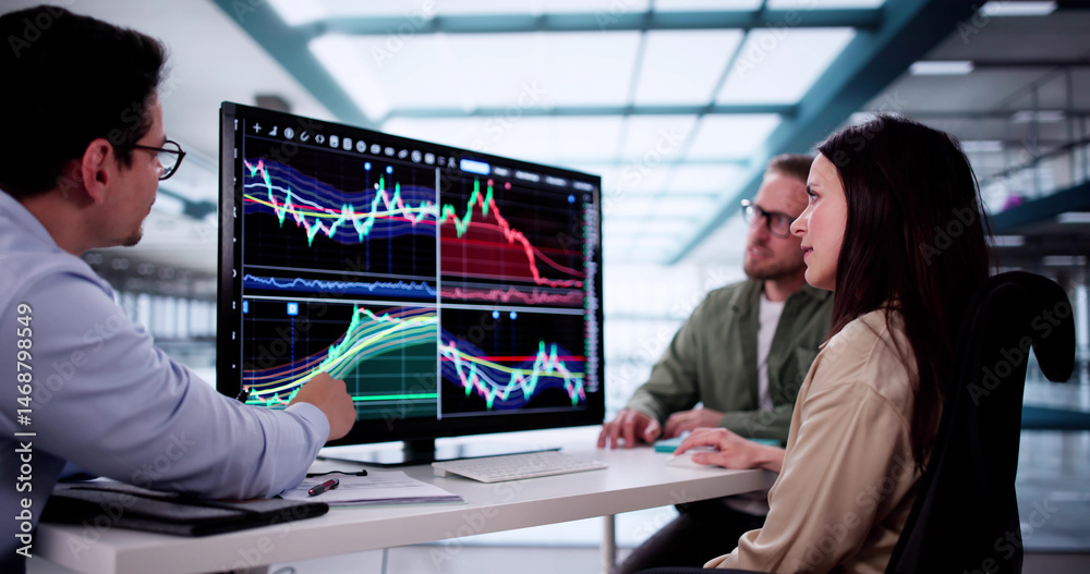 Poster financial analysts analyzing stock market data on computer screens