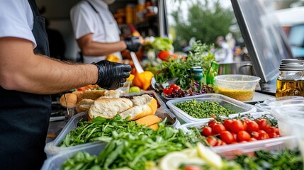 Food truck with Mediterranean dishes, fresh salads, olive oil and bread. 