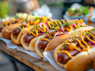 Delicious hotdogs lined up at tasting event, topped with mustard, onions, and relish, creating vibrant and appetizing display