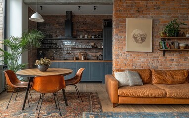 Interior design of a modern rustic kitchen and living area.