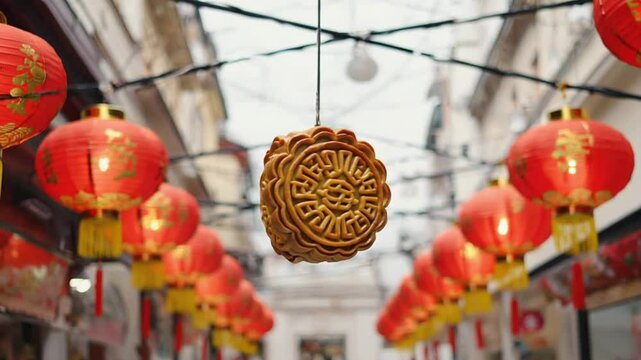 Floating mooncake slowly rotating, gold and red Chinese lantern background with soft glow 