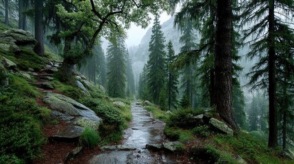 Fototapeta premium Misty mountain path trekking adventure through pine forest in tranquil nature setting