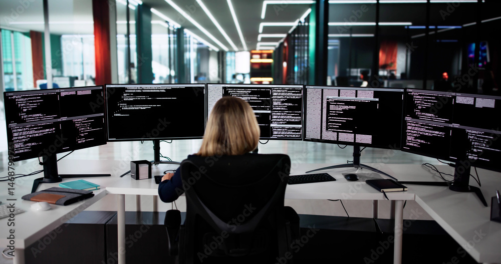 Poster Stressed Female Developer Struggles With Coding Software