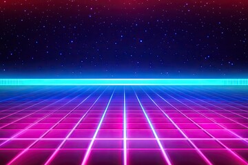 Retro futuristic grid floor with starry night sky