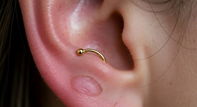Close-up of a newly pierced ear with a gold curved barbell, showcasing the healing process and a small keloid scar.