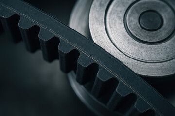 Close up of black rubber belts and metal machinery parts showing industrial mechanical components in dark setting