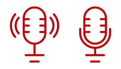 Red microphone line icons. Editable Stroke. Podcast, voice recording, audio input, mic on, off symbols. Minimal modern design for apps, web UI, media buttons, studio, streaming, broadcast