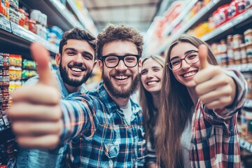Four happy friends give thumbs up in a grocery store.