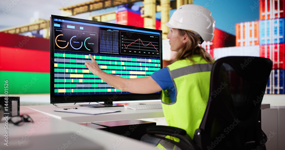 Poster female scada operator ensuring smooth cargo export shipping process