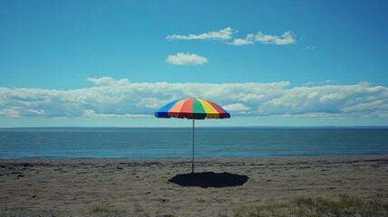 Colorful umbrella on sandy beach by lake under a partly cloudy sky