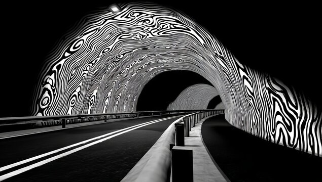 3D render of a tunnel with black and white pattern and glitch effect