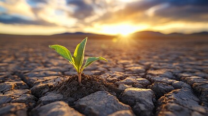 A resilient green sprout emerges from cracked earth at sunset.