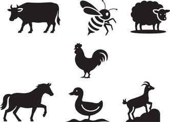 Vector silhouettes of various farm animals and insects in a clean and minimalist design