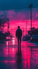 Fototapeta premium Silhouette of a man walking in the rain under a vibrant pink sunset skyline.
