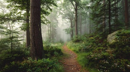 Obraz premium Peaceful Morning Fog Over Quiet Forest Path in Nature's Embrace