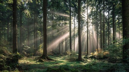 Fototapeta premium Serene Forest Glade with Light Beams Shining Through Tall Trees