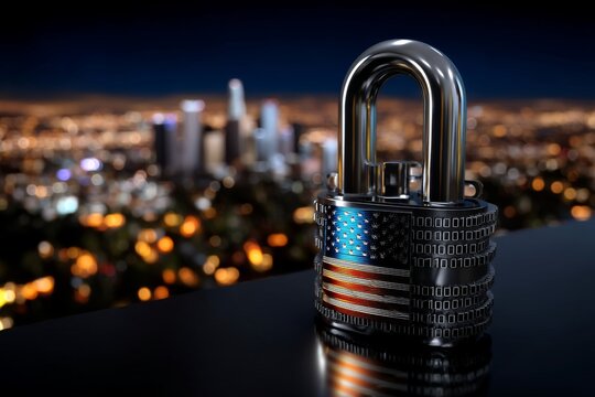 Digital Padlock with American Flag Against City Skyline - Powered by Adobe