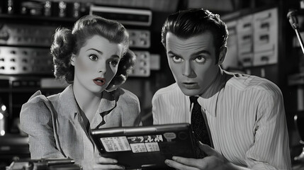 Vintage black and white image of two people looking at documents.