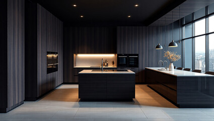 Modern kitchen interior with elegant design and warm lighting.