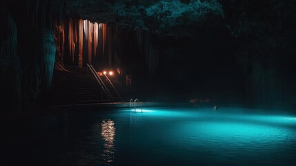 A Dark Cave With Water Illuminated By Bright Lighting