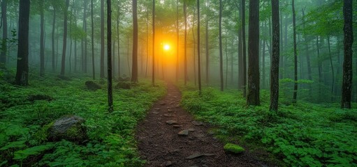 Fototapeta premium Misty Forest Path at Sunrise: A Serene Woodland Trail
