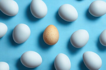 Unique Speckled Egg Surrounded by White Eggs on a Diagonal Egg Pattern Background in a Playful, Artistic Composition Generative AI