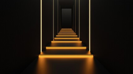 A Dark Interior Featuring Lit Stairs and Wall Light Accents