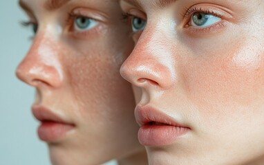 Woman with dry skin on the face before and after treatment, close-up. Set of two images. Images before and after therapy for skincare concept. Stock photo, contest winner, generative ai