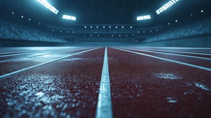 Empty rain-soaked track in stadium at night