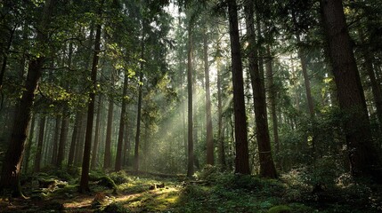Fototapeta premium Sunlight Filtering Through Dense Forest Canopy in Serene Landscape
