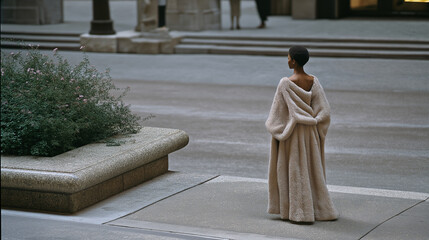 Naklejka premium A woman crossing a quiet plaza in a warm coat