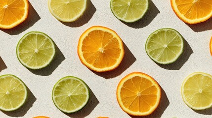 Fototapeta premium Fresh Citrus Slices Arranged in Geometric Pattern on Textured Surface