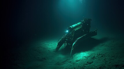An underwater robotic vehicle explores the deep ocean environment