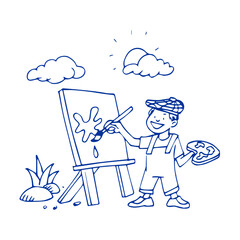 little painter is painting with canvas outdoors hand drawn sketch 