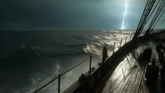 Ship navigates through a lightning storm on the rough seas