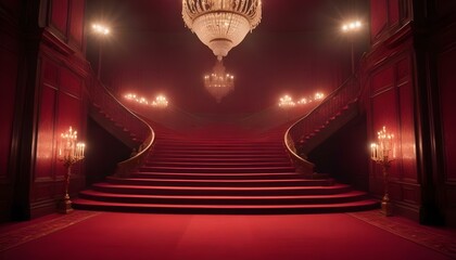 A breathtaking red staircase rises gracefully, adorned with chandeliers and a soft, inviting glow.