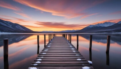 Fototapeta premium A wooden dock stretches out into a still lake, reflecting the breathtaking sunset colors and mountains.