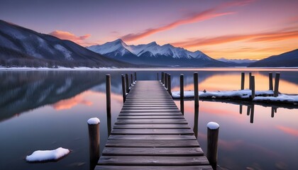 Fototapeta premium A wooden dock extends into a tranquil lake, reflecting the vibrant sunset's colors on the water.