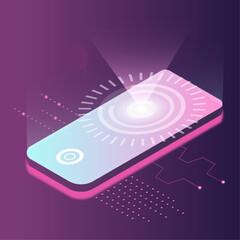 Isometric vector illustration of a smartphone with a glowing futuristic user interface. Ideal for tech, digital products, UX/UI design, and mobile innovations.