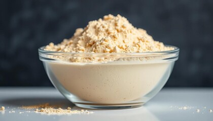 Close-up of beige protein powder in glass bowl ,  wellness,  pea protein