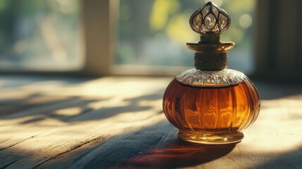 Vintage perfume bottle on wooden table, sunlight through window
