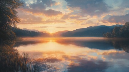 Obraz premium Stunning sunset over a serene lake surrounded by mountains and lush greenery.