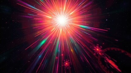 Obraz premium Vibrant cosmic explosion; radiating light streaks in red, pink, green hues against dark space