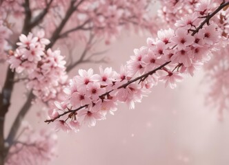 Obraz premium Soft pink sakura petals descend gracefully, blurred background showcasing gentle springtime atmosphere , beauty, design