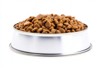Metal bowl filled with dry dog kibble on white background
